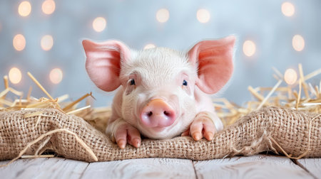 Charming and endearing piglet in a picturesque and serene rural farmyard settingの素材