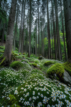 Serenity in the forest  spring flowers, mossy rocks, and spacious backdrop for textの素材
