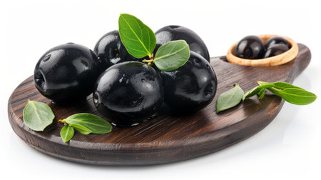 Single black olive on white background for diverse design and culinary applicationsの素材