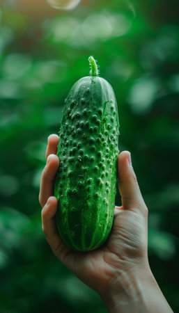 Fresh cucumber held in hand, assorted cucumbers on blurred background with space for textの素材