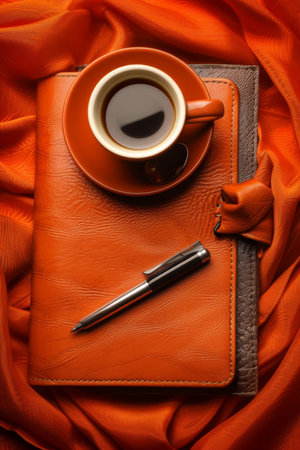 Creative office workspace with blank notebook, pen, and coffee cup on light backgroundの素材
