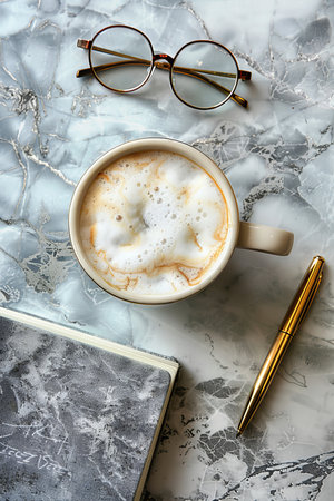 Minimalistic office workspace with notebook, pen, and coffee cup on light backgroundの素材