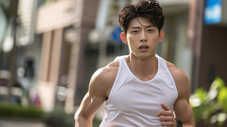 Healthy asian man running for fitness and well being to promote a balanced lifestyleの素材