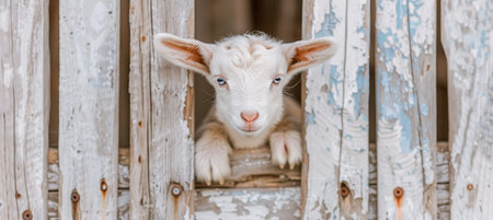 Captivating baby goat with mesmerizing blue eyes in a charming rustic barn settingの素材
