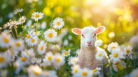 Serene young lamb grazing in daisy field under summer sun, picturesque farm animal sceneの素材