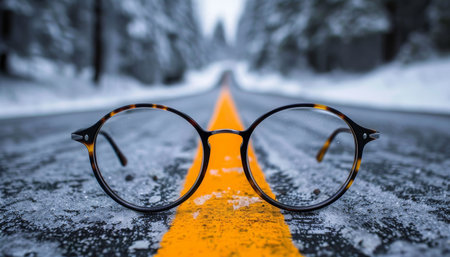 Urban still life concept with fashionable eyeglasses placed elegantly on a city sidewalkの素材