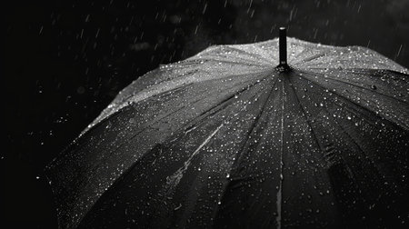 Umbrella sheltering from raindrops, copy space for text, rainy weather concept for design creativityの素材