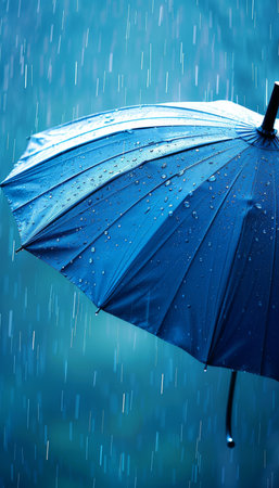Umbrella shelters from raindrops with copy space, rainy weather concept, ideal for text placementの素材