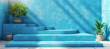 Minimalistic blue podium with stone wall and green leaves for fashion and cosmetic presentationの素材