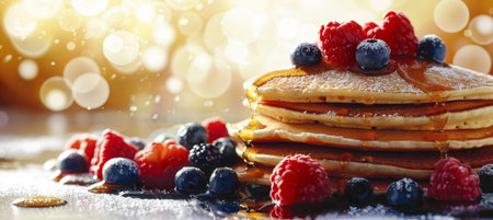 Classic american pancakes with fresh berries and honey on white background, space for text placementの素材