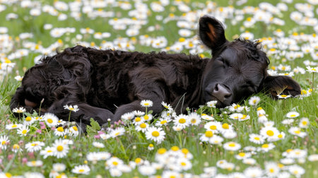 Young calf grazing in daisy field on a sunny summer day, creating a serene farm animal landscapeの素材