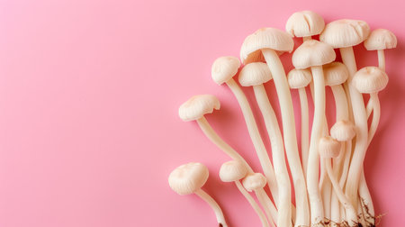 Enoki mushroom on soft pastel background creating a delicate display aestheticallyの素材