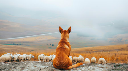 Dedicated farm dog diligently watching over a flock of sheep in a serene rural landscapeの素材