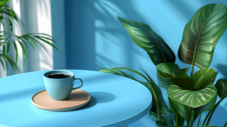 Office relaxation concept  coffee break on clean blue desk, pastel background mockupの素材