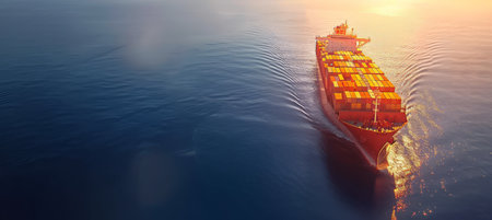 Aerial view of container cargo ship in canal with copy space, industrial transportation conceptの素材