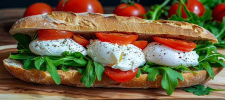 Gourmet egg sandwich  exquisite poached eggs presentation in professional food photographyの素材