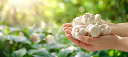Hand holding garlic bulb, variety of garlic on blurred background with space for text placementの素材