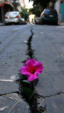 Macro shot of tiny flower thriving in cracked pavement symbolizing nature s resilienceの素材