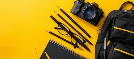 School bag essentials  colorful stationery supplies banner for education on yellow backgroundの素材