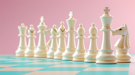 Chess pieces representing business success and leadership on pastel background with text spaceの素材