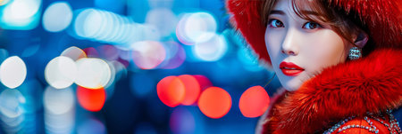 Elegant asian lady in luxurious fur and jewels relaxing on blurred background with space for textの素材