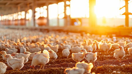 Expansive industrial chicken coop housing poultry flock in contemporary farm settingの素材