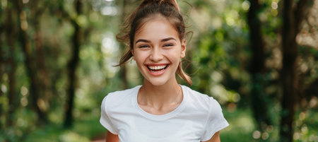 European woman running and jogging for wellness and happiness in outdoor settingの素材