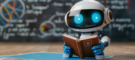 Humanoid ai robot with book surrounded by holographic math formulas in defocused backgroundの素材