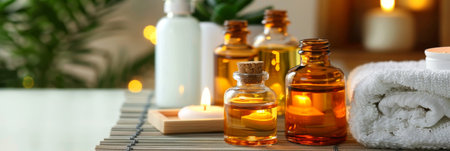 Aroma oil spa setup on grey table with white background and ample space for text placementの素材
