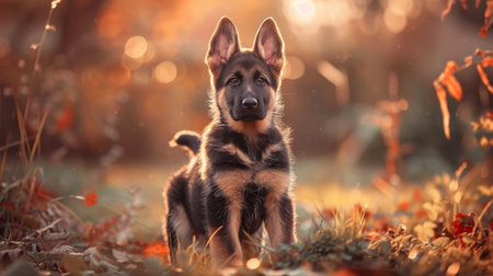 Alert german shepherd puppy, loyal guardian standing majestically in a picturesque fieldの素材