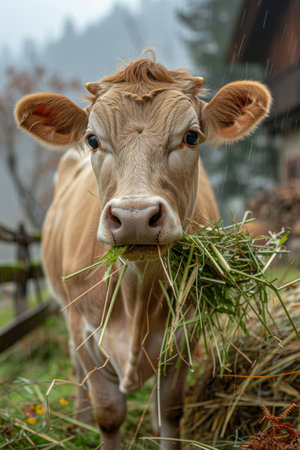Cattle serenely grazing on hay in a well appointed barn at a thriving dairy farmの素材