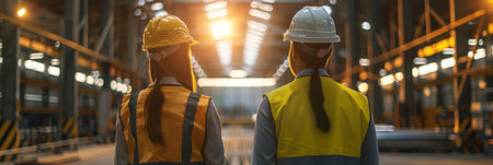 Engineers working on constructing industrial background for manufacturing facilitiesの素材