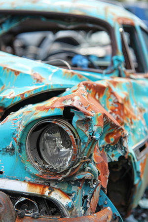 Car collision on the rural country road scene, accident aftermath on the countrysideの素材