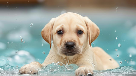 Family outdoor joy  playful labrador retriever puppy splashing in water with loved onesの素材