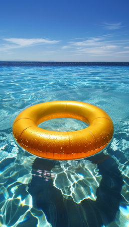 Bright yellow pool float ring drifting in crystal clear blue swimming pool waterの素材