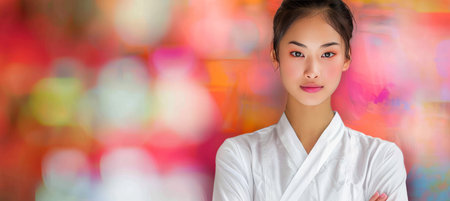 Sophisticated asian woman relaxing in luxury penthouse suite with copy space, blurred backgroundの素材