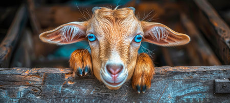 Captivating baby goat with striking blue eyes in a delightful rustic barn environmentの素材