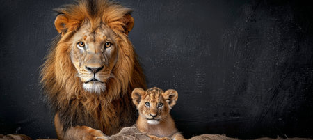 Male lion and cub portrait with object, spacious composition for text on the left sideの素材