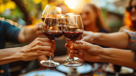 Friends toasting with red wine at outdoor summer party, enjoying drinks and celebrationの素材