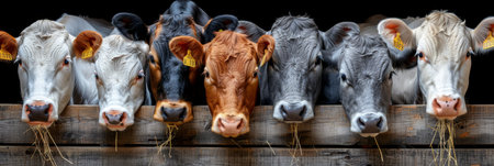 Cattle grazing on hay in a dairy barn to consume nutrient rich fodder for optimal nutritionの素材