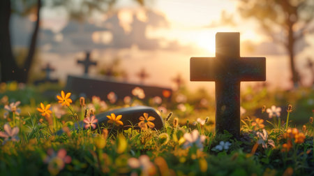 Easter symbolism  cross on empty tomb in meadow at sunrise, signifying good friday conceptsの素材