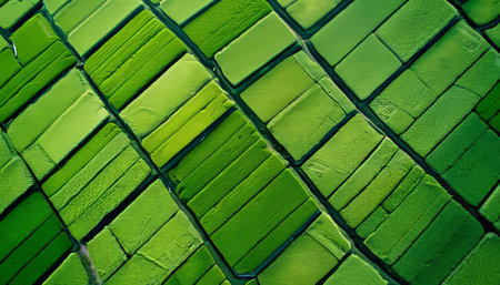 Aerial perspective of verdant rural terrain and agricultural fields in natural settingの素材