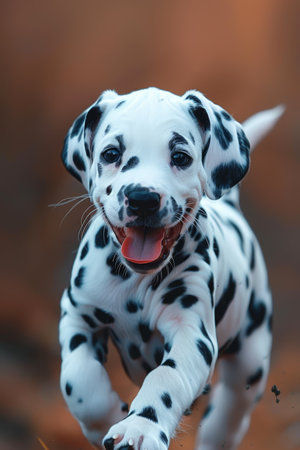 Energetic dalmatian puppy showcasing its unique spots while running in a picturesque meadowの素材