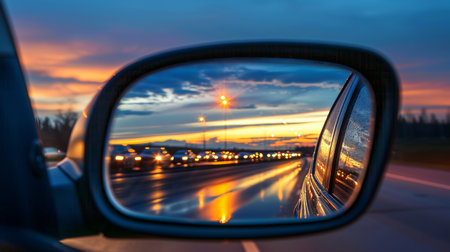 Evening traffic jam  cars with headlights queue in rearview mirror during rush hourの素材