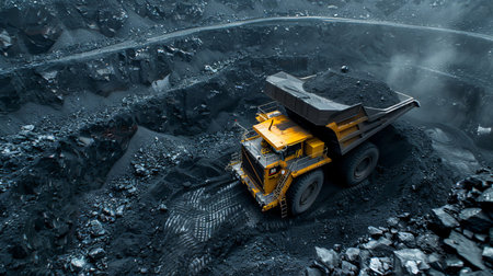 Aerial view of extractive industrial coal mine in open pit setting captured by droneの素材