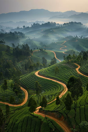 Tranquil misty green hills with lush greenery, a winding dirt path through serene landscapeの素材