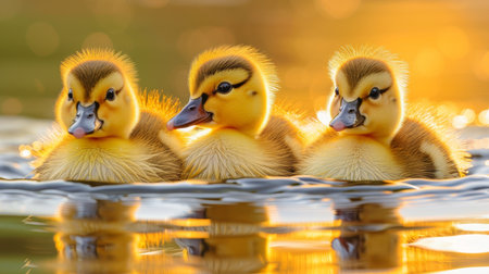 Playful and charming baby ducks waddling happily by a shimmering and glistening pondの素材