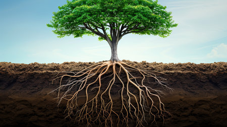 Green tree with visible roots and ample space for text placement in the backgroundの素材