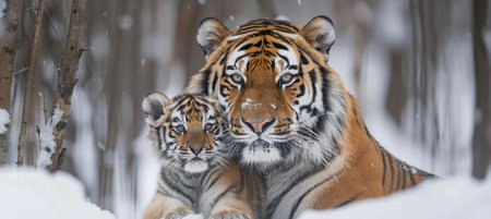 Male tiger and cub portrait with spacious area for text, object positioned on the right sideの素材