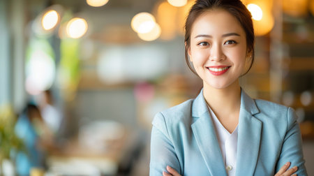 Confident smiling businesswoman in professional attire on blurred background with copy spaceの素材